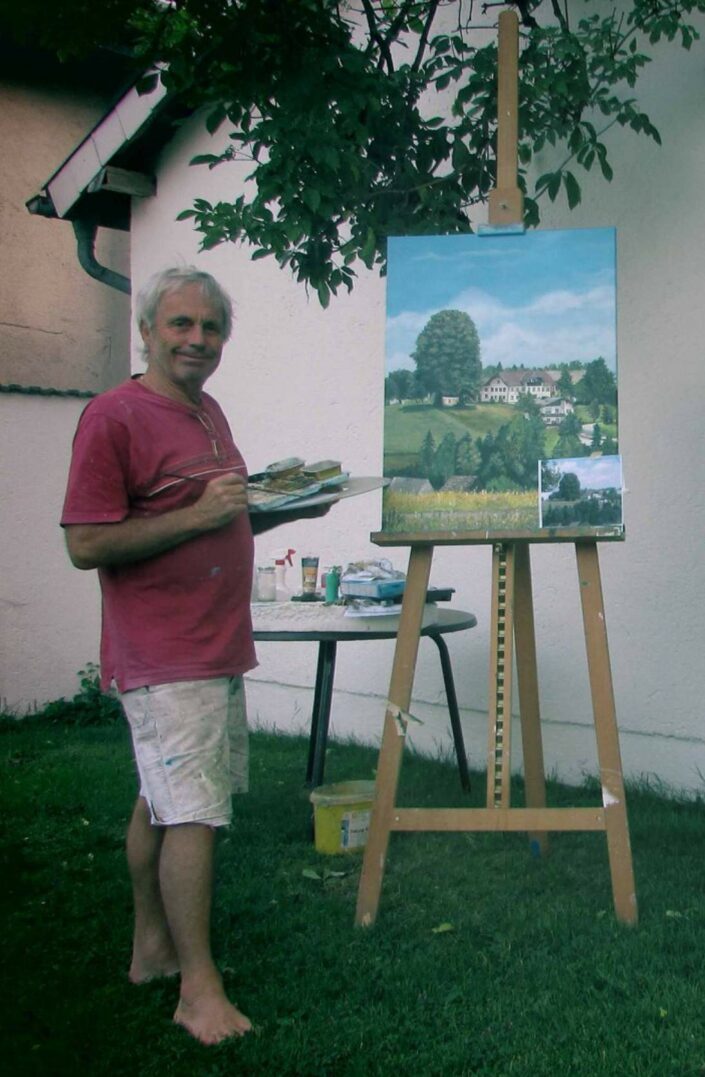 Hillebrand Kurt Kunstmaler beim malen im Garten