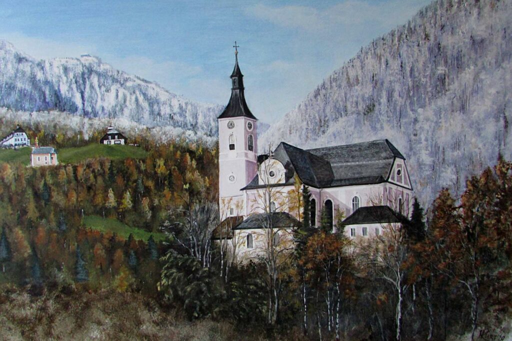 Kirche in Ebensee gemalt auf Acrylbild