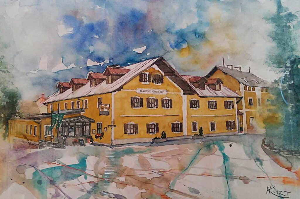 Objektmalerei auf Aquarell zeigt Gasthof Engelhof in Gmunden