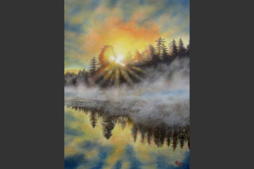 Acrylbild herbstlicher Sonnenuntergang am See