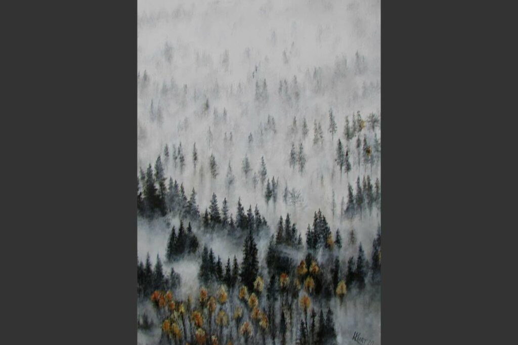 Acrylmalerei einer nebeligen Waldlandschaft