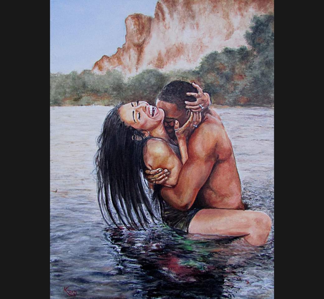 Erotikmalerei zeigt Acrylbild von einem Paar im Wasser