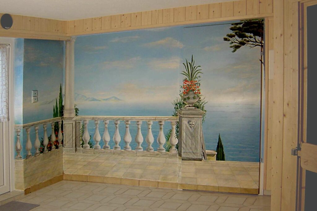 Wandmalerei von Terrasse mit Blick auf das Meer