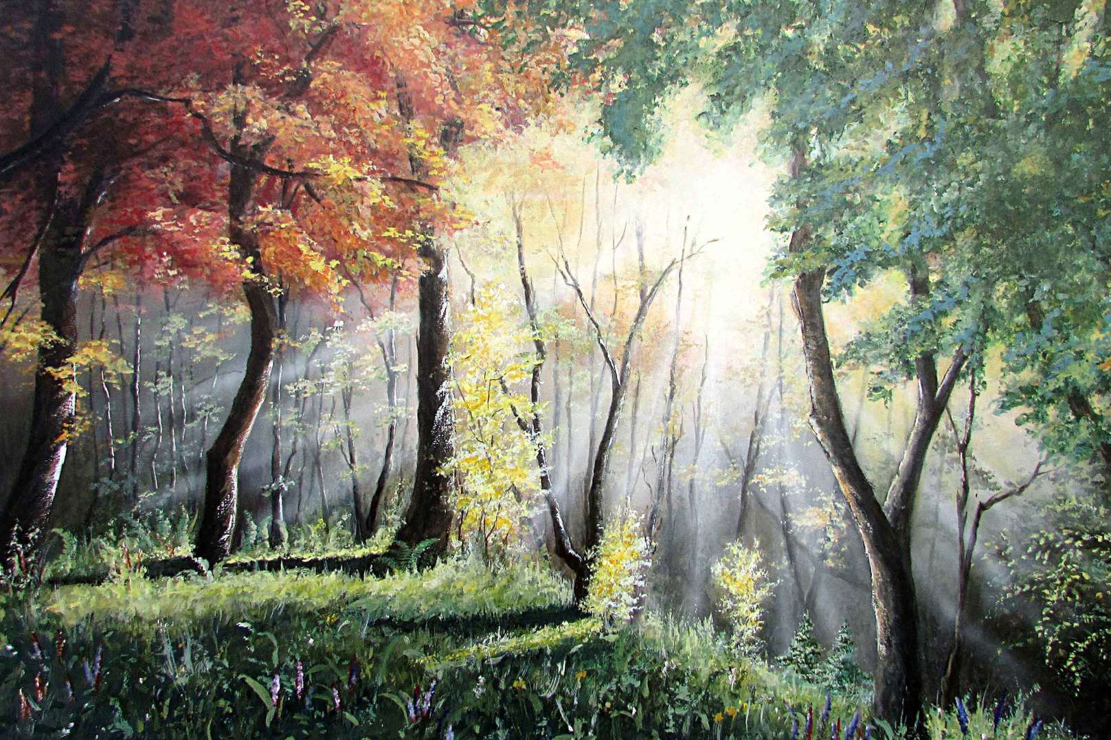 Wald mit Sonnenstrahlen als Acrylmalerei