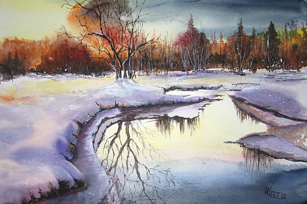Winterliche Landschaft als Aquarellmalerei